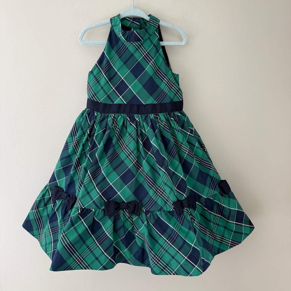 Janie and Jack Girls Green Navy Plaid Halter Party Dress Size 3 Bows Tulle